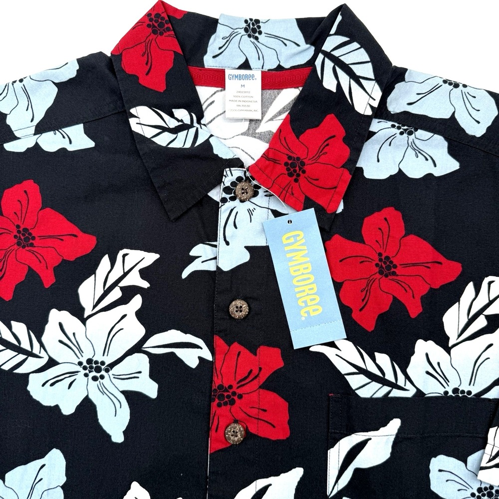 Gymboree Shirt Mens M Black Red Hibiscus Floral Tropical Hawaiian Button Down